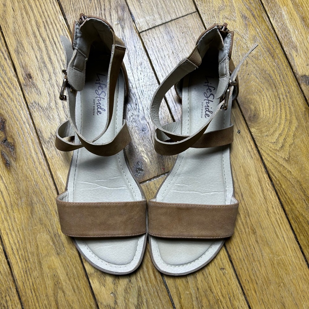 LifeStride Riley Tan‎ Brown Ankle Strap Gladiator Flat Sandals Womens 8.5M